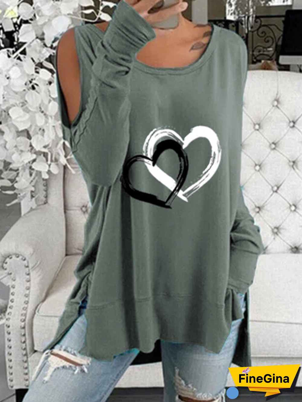 Casual Heart Cotton Blends Long sleeve tops