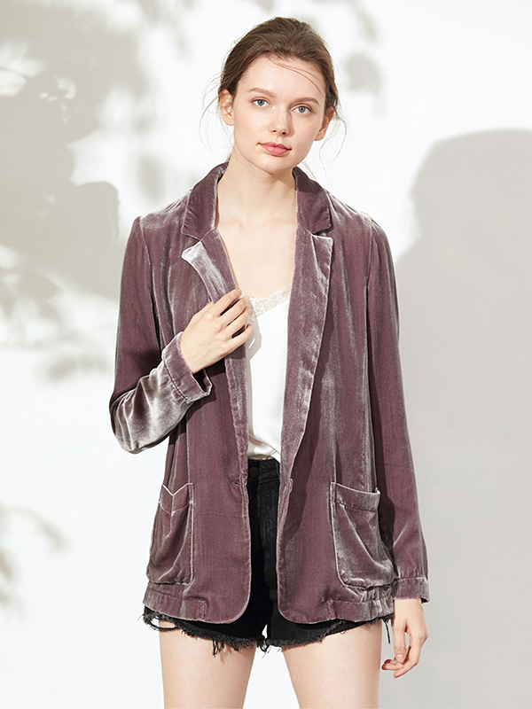 Blazer en velours de soie décontracté col V -Soie Plus