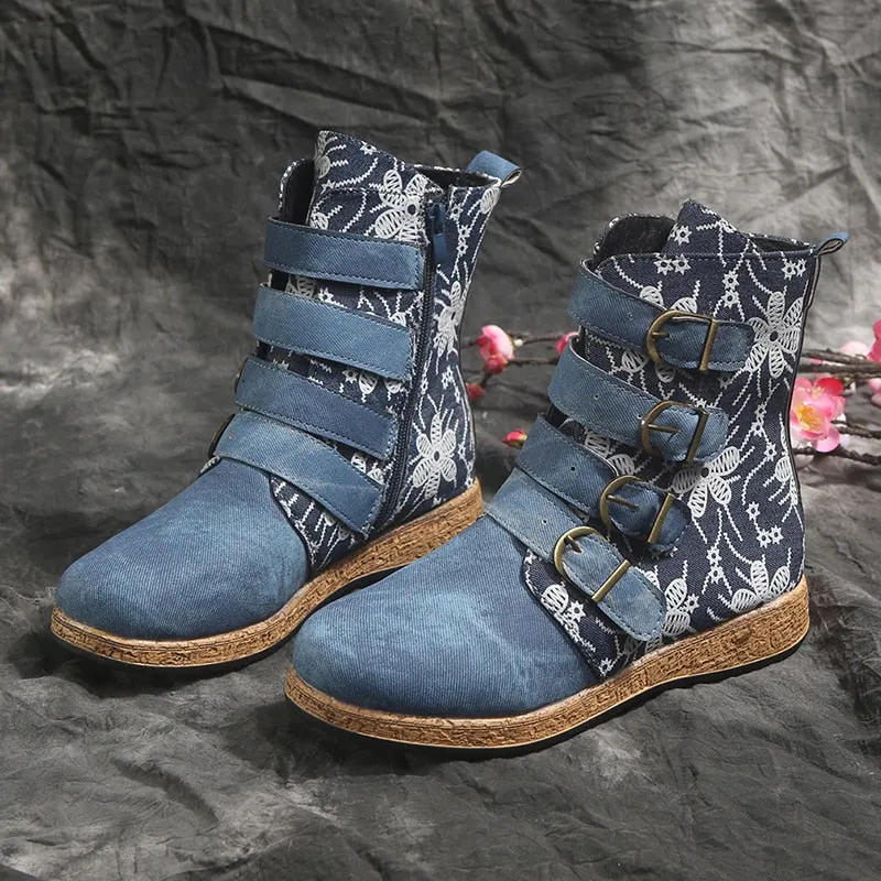 New Socofy Women Boots Retro Printed Metal Buckle Soft Leather Zipper Ankle Boots Ladies Shoes Women Botines Mujer 2021