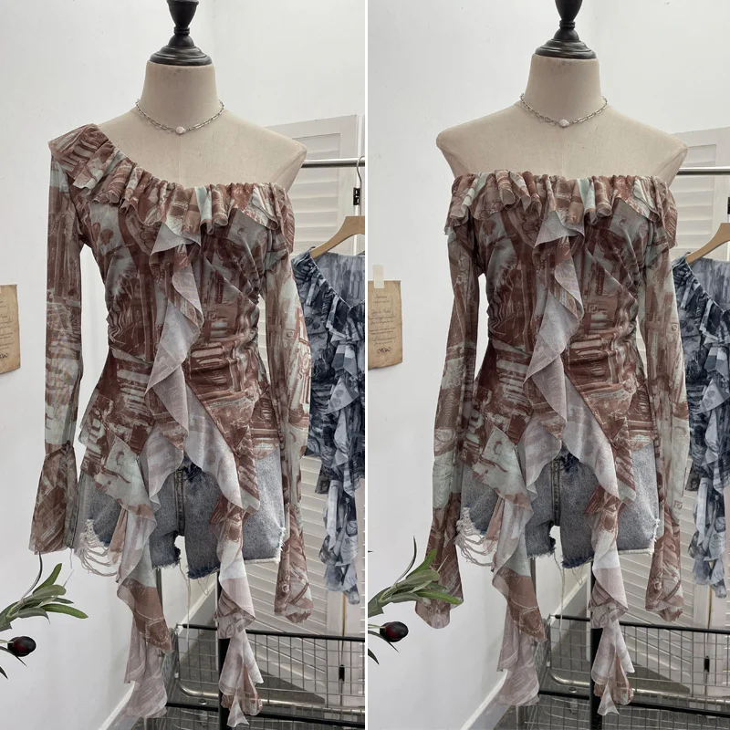 Nigikala Nigikala Shooting Retro Shoulder Tie-Dye Net Horn Long-Sleeved T-Shirt Irregular Lotus Leaf Side Ribbon Y2k Top 8012