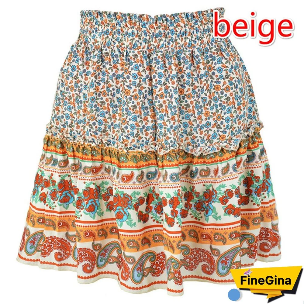 Women Fashion Casual Floral Short Skirts Summer High Waist Pleated Beach Skirt Beho Ruffle Dresses