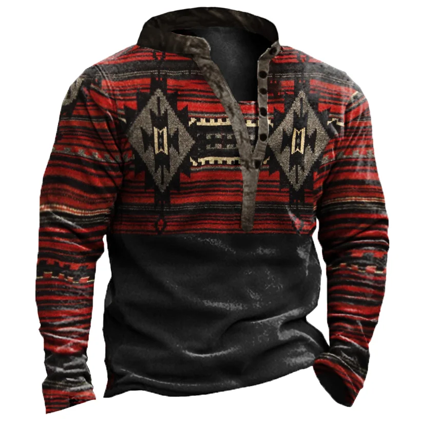 Men's Outdoor Ethnic Pattern Fleece Henley Collar Tactical Sweatshirt