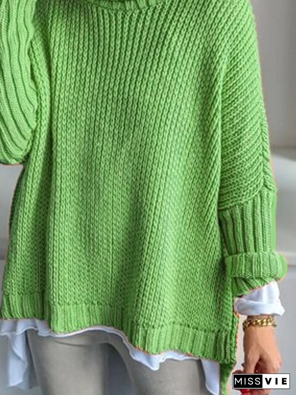 Women Basics Winter Solid Daily Plus Size Long sleeve Turtleneck Cotton-Blend Sweater