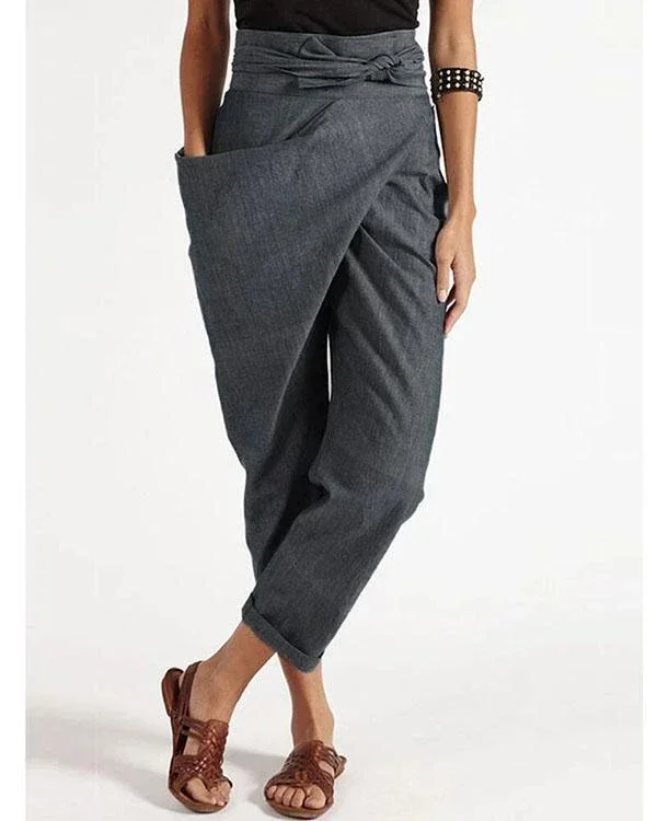 casual wrap pocket irregular plus size harem pants with belt p317953