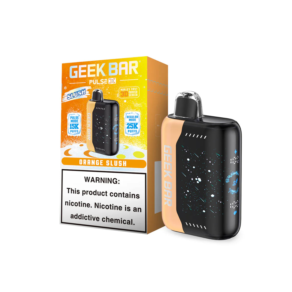 Geek Bar Pulse X Slush Edition Orange 25K disposable vape, featuring 3D curved screen.