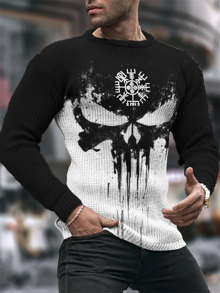 Wearshes Men's Viking Vegvisir Skull Contrast Knit Sweater