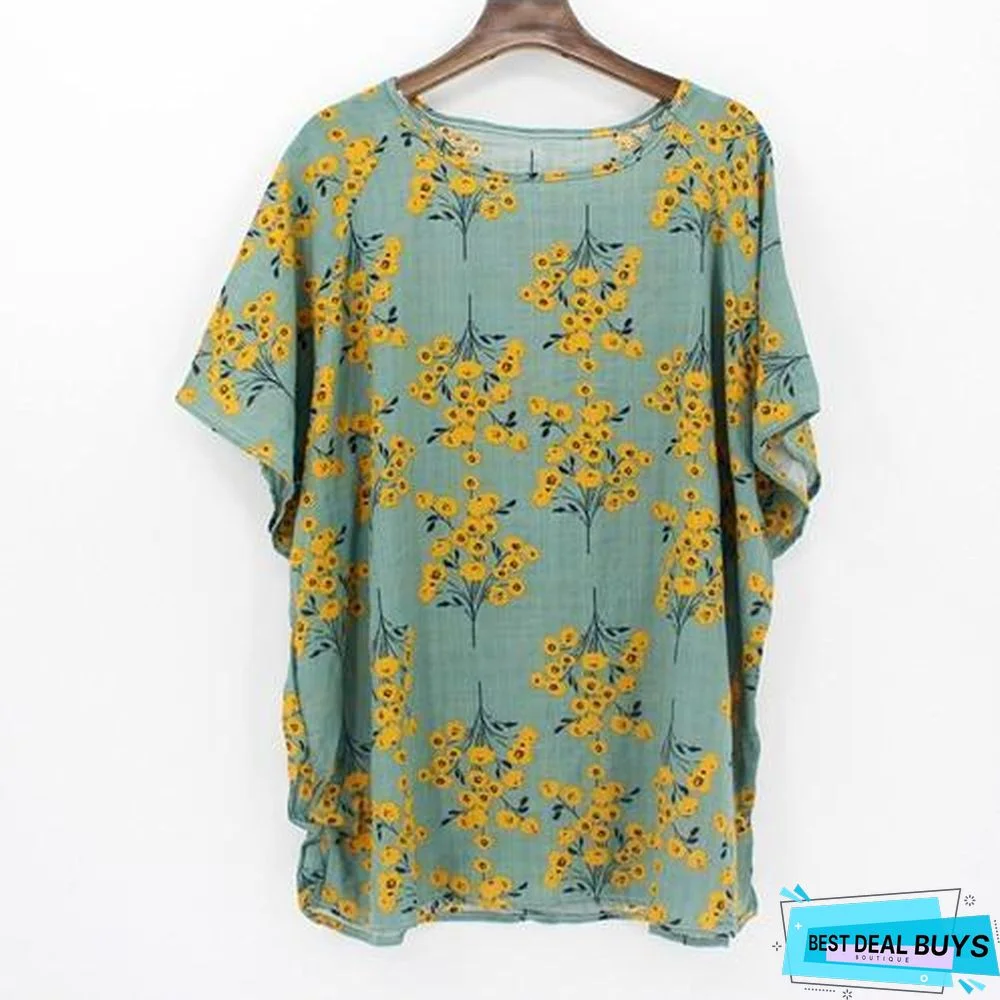 Plus Size Women Batwing Casual Tops Tees Floral Print Cotton Linen Blouses