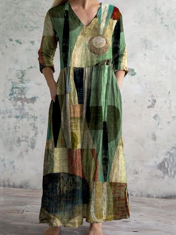 Women's Retro Elegant Geometric Art V-neck Cotton And Linen Dress With Pockets