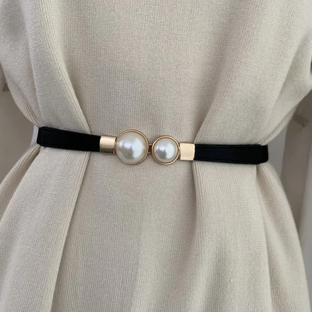 Casual PU Leather Pearl Decor Waistband Thin Belt 2024 - Xpluswear