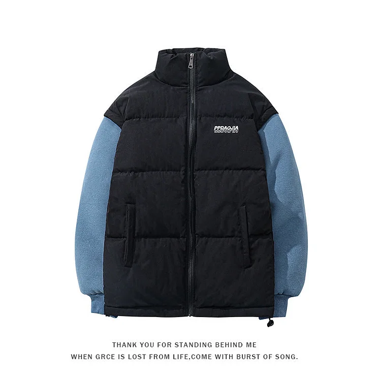 Men's Autumn Winter Coat Stand Collar Color Matching Cotton-Padded Jacket