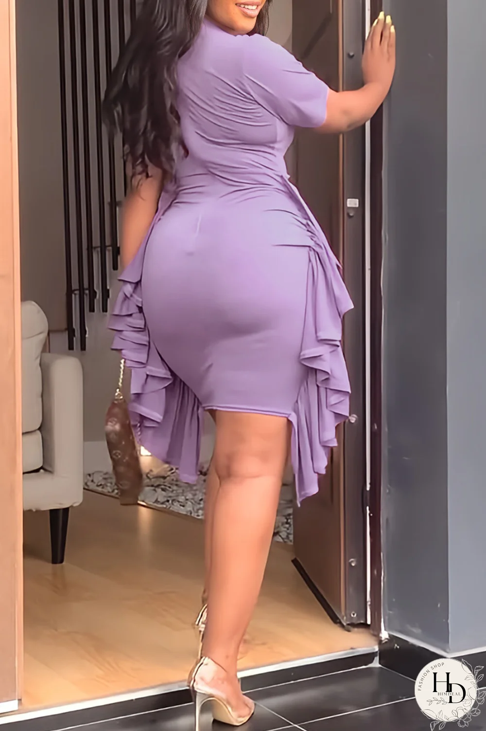 Sky Blue Fashion Solid Flounce Fold O Neck Pencil Skirt Dresses