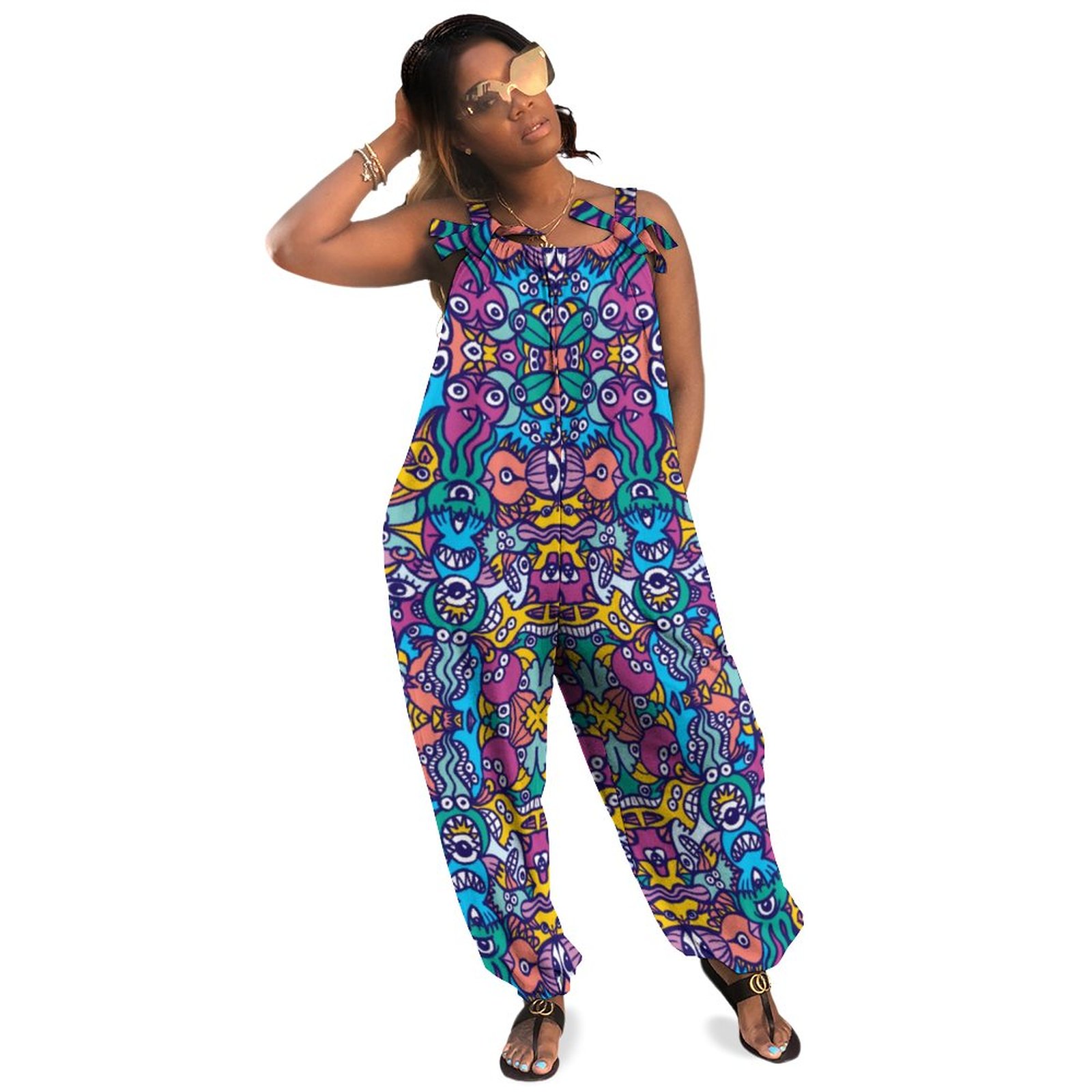Doodle Art Style Aliens In Colorful Pattern Design Boho Vintage Loose Overall Corset Jumpsuit Without Top