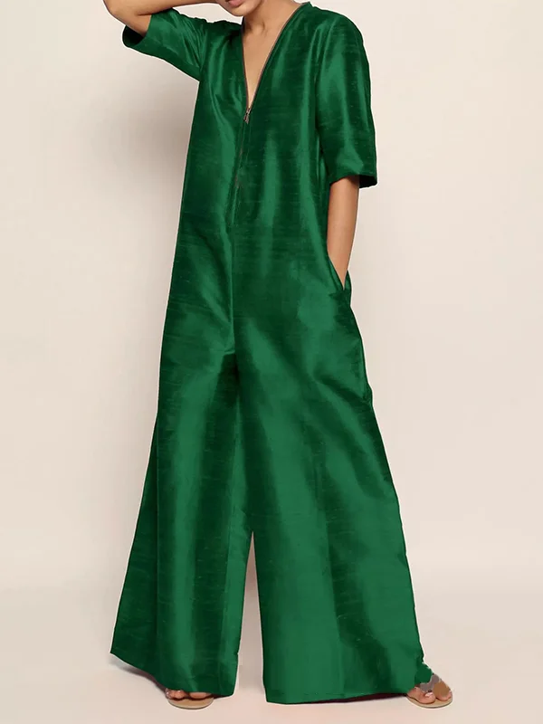 Half Sleeves Roomy Pure Color Zipper V-Neck Jumpsuits