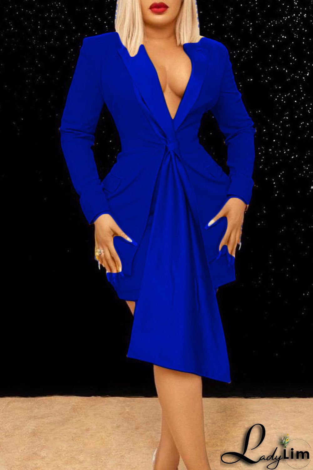 Blue Sexy Solid Split Joint Turn-back Collar Long Sleeve Two Pieces