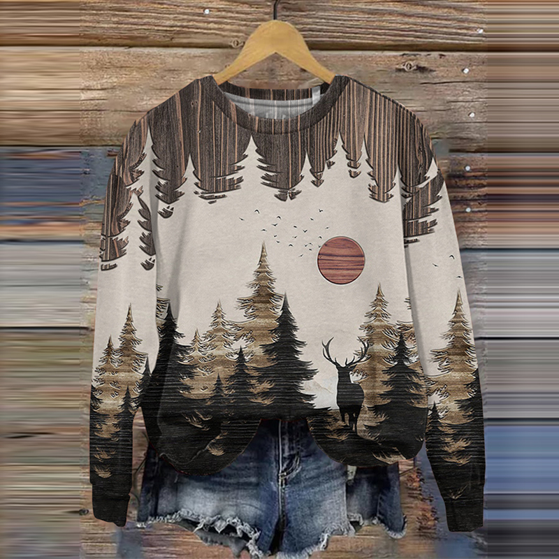  Vintage Forest Print Crew Neck Sweatshirt Westsshops