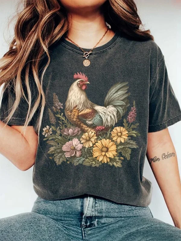 Women's Funny Chickens Shirt Animal T-Shirt Floral Graphic Tees