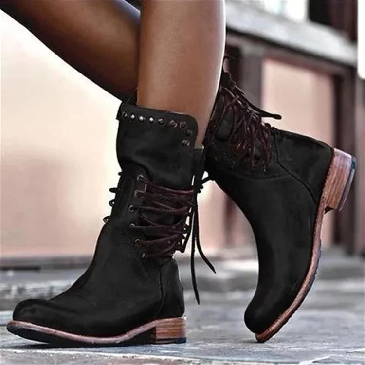 New Winter Boots Women Retro Shoes Leather Middle Boot Non-Slip Round Toe Lace-Up 2020 Boots Zapatos  Snow Boots  Ladies