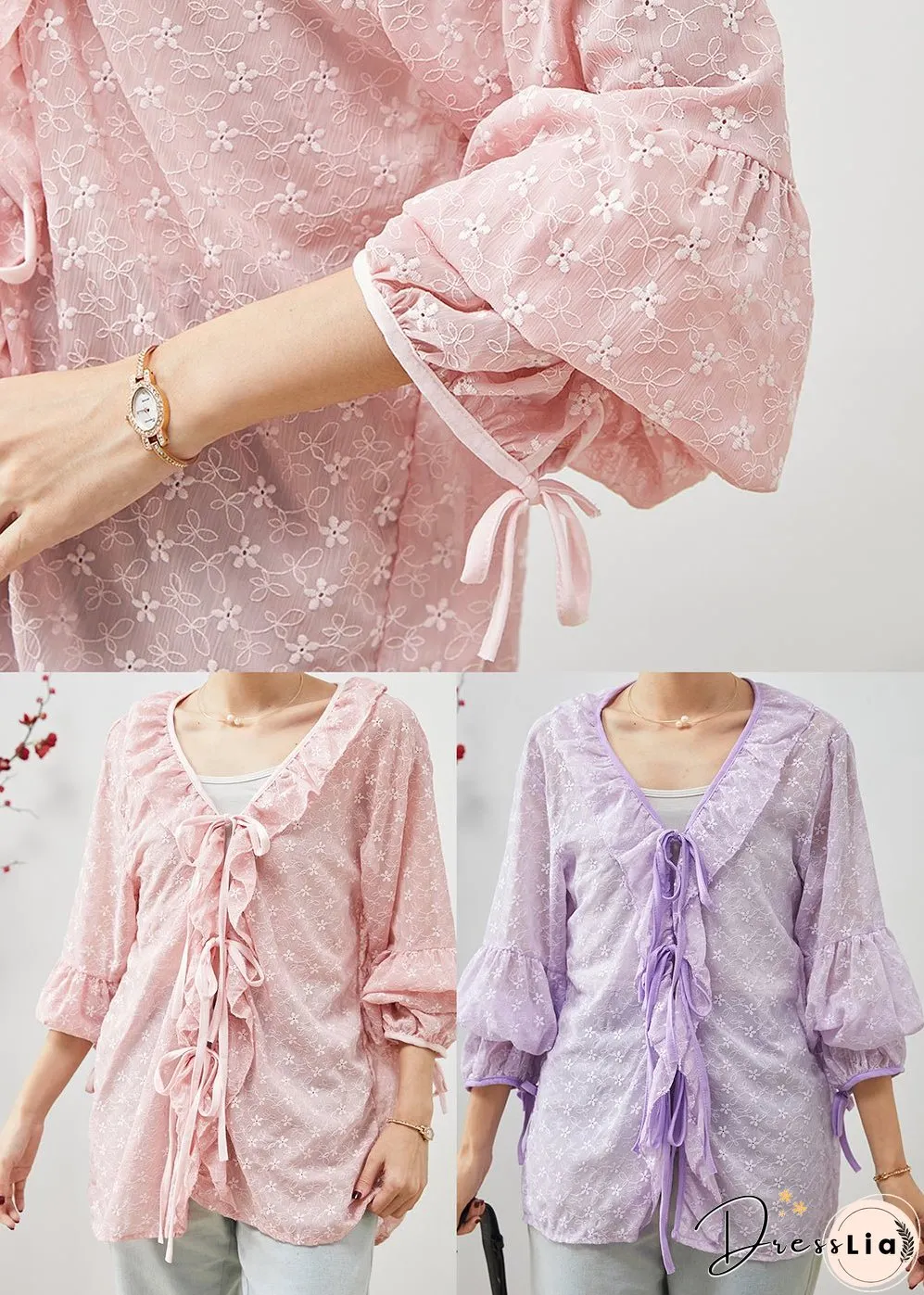 Purple Lace Shirt Tops Embroidered Ruffles Spring