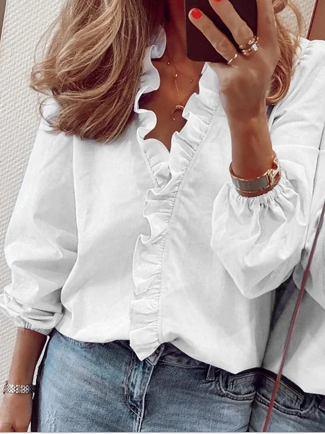 Women's Blouse Shirt Geometric Long Sleeve Lace Trims Print V Neck Tops Basic Top White Black Blushing Pink