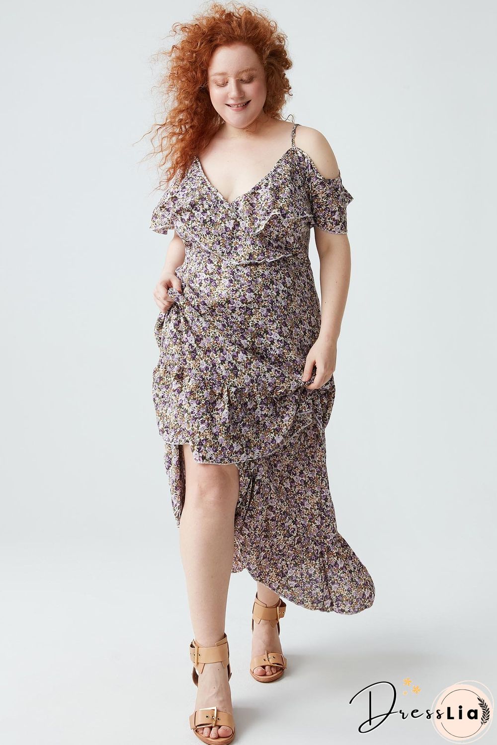 Floral-print Cold-shoulder Ruffled Dress P11993