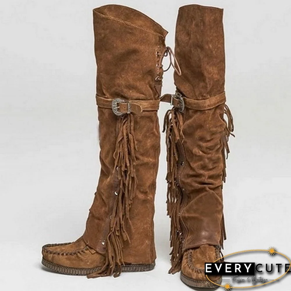 Winter Women Faux Suede Tassel Boots Fashion Ethnic Fringe Boho Long Boots Flat Heel Knee High Boots