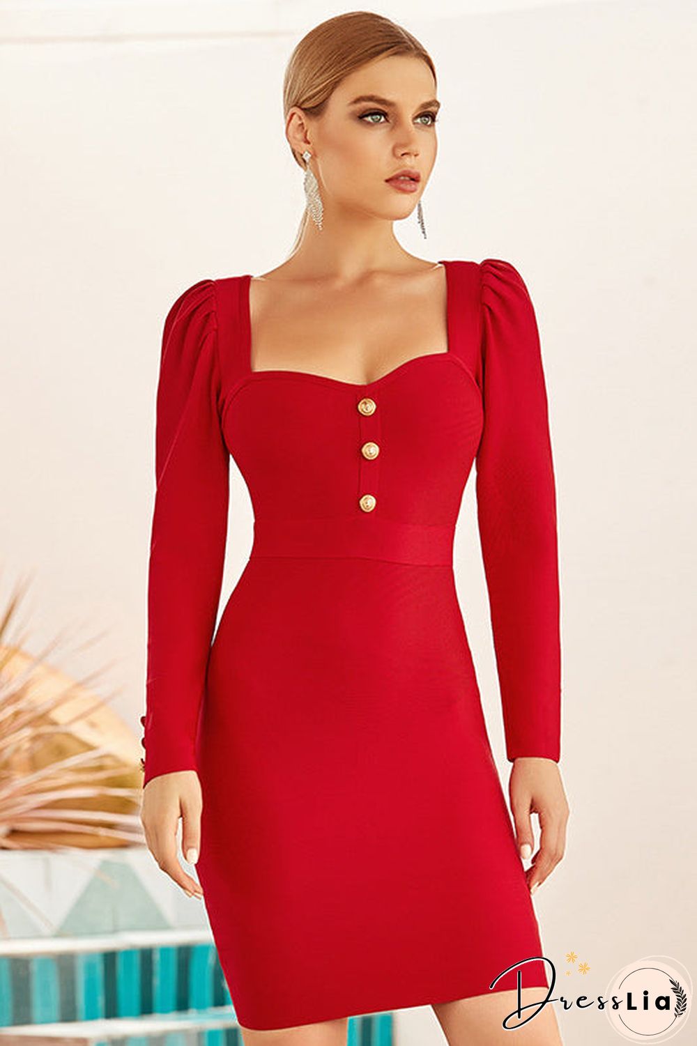 Short Red Long Sleeve Party Bandage Dress
