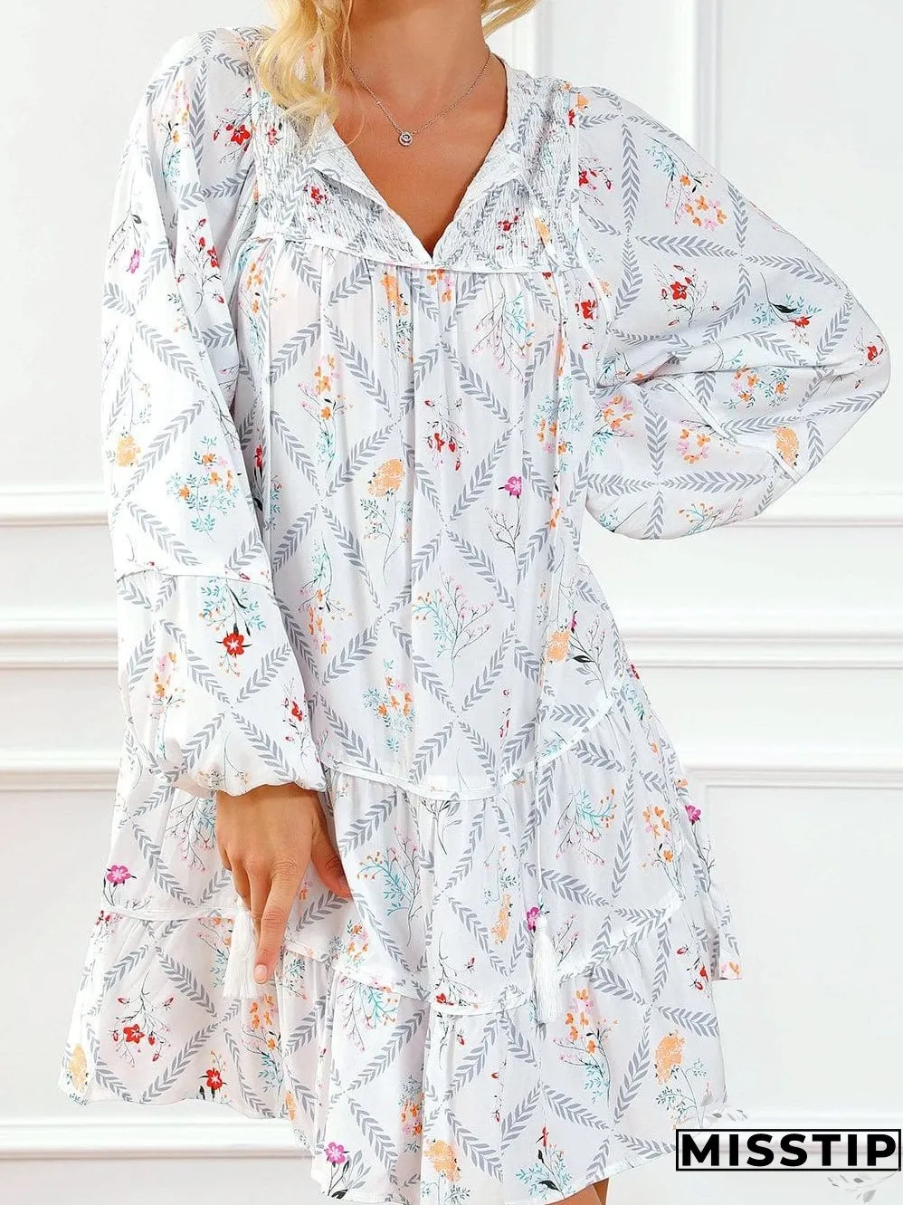 Bohemian White Floral Mini Dress with Puff Sleeves