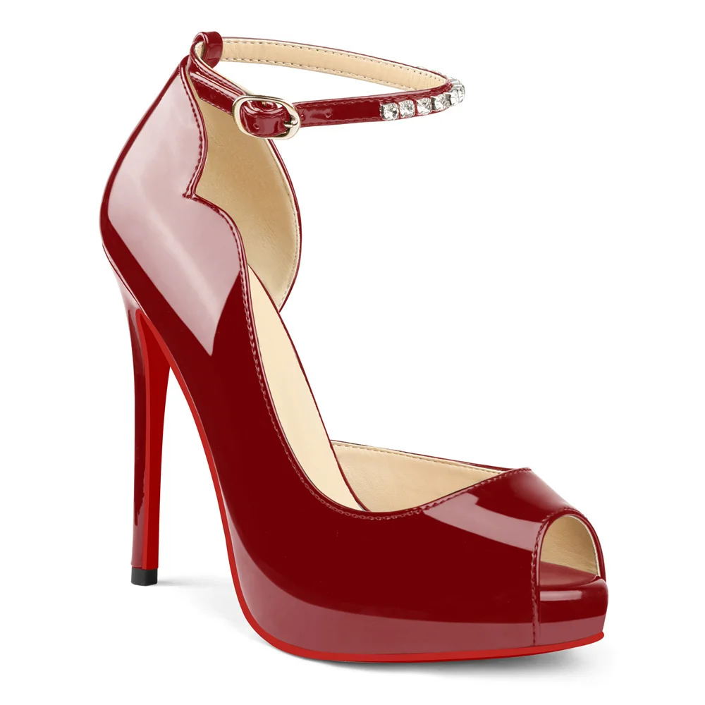 120mm Red Bottom Elastic Strap Slingback Sandals Peep Toe Platform Stilettos Black Patent Heels-MERUMOTE