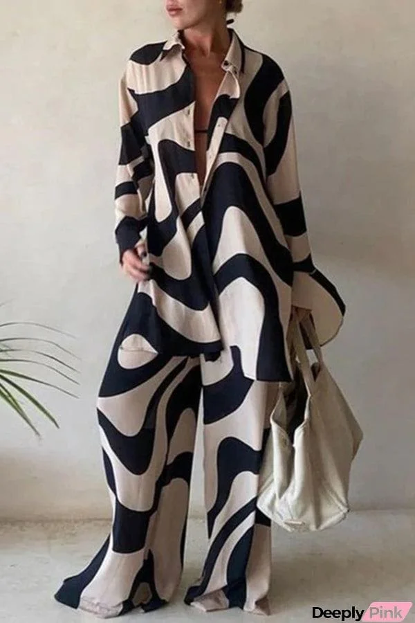 Fashion Print Loose Long Sleeve Shirt + Straight Pants Two Piece Set