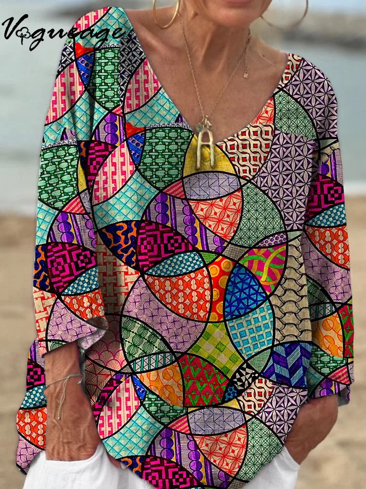 Circular Pattern Irregular Splicing 3/4 Sleeves Printed Cotton And Linen Shirt