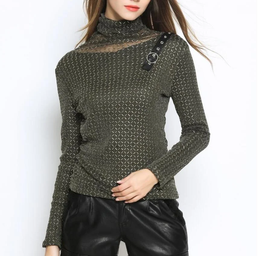 Autumn and winter new high collar plus velvet warm bottoming shirt hot gold sequins women's clothing
