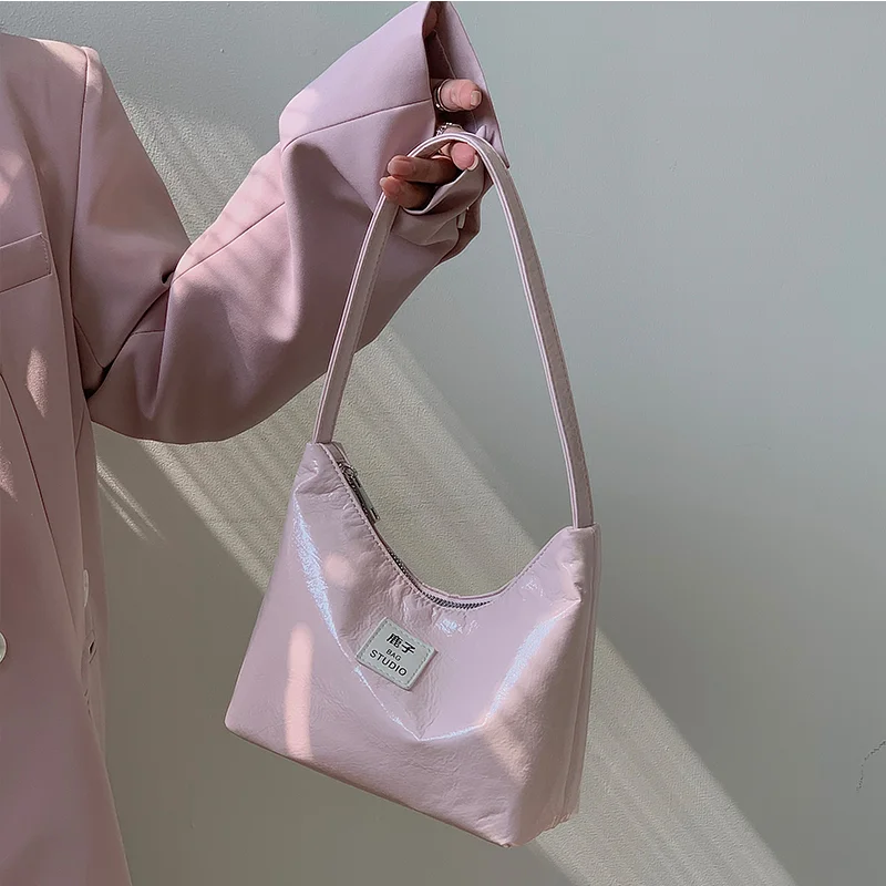 Pongl Patent Leather Women Hobos Shoulder Bag Solid Color Female Clutch Purse Handbags Portable Ladies Tote Underarm Bags