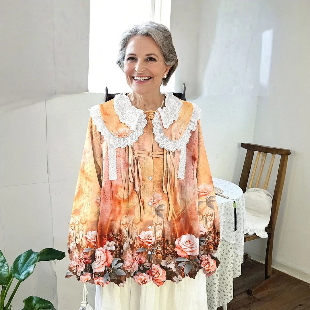 Women Printed Long Sleeve Round-neck  Cute Collar Shirts Blouses Orange