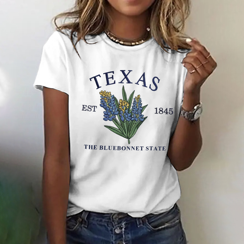 Comstylish Women's Texas Bluebonnet Embroidered Print Short Sleeve T-shirt