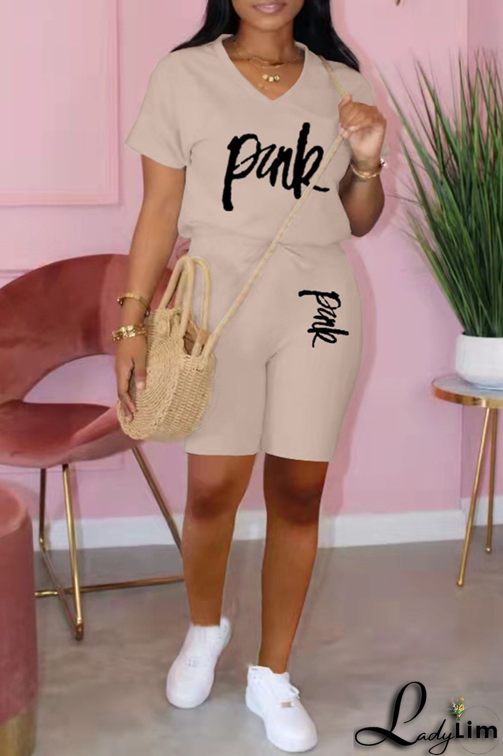 Black Fashion Casual Letter Print Basic V Neck Short Sleeve Two Pieces