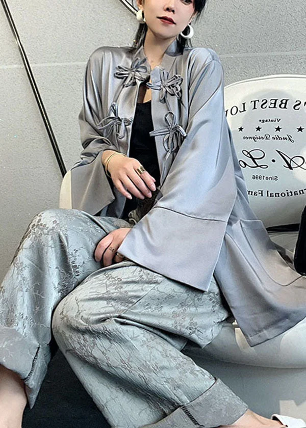 Stylish Light Grey Mandarin Collar Jacquard Patchwork Silk Two Pieces Set Long Sleeve
