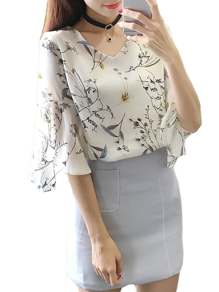 Chiffon Floral Printed V neck Bell Sleeve Blouses P1350561