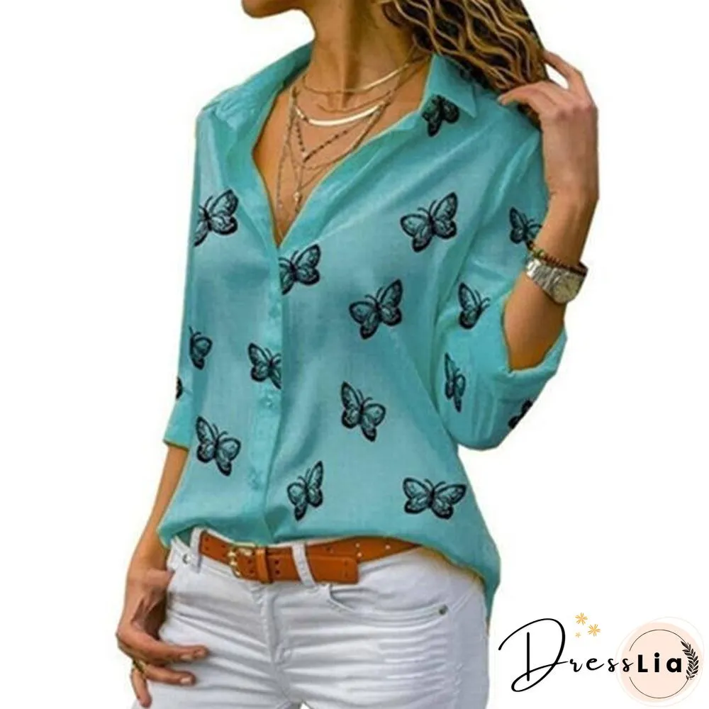 Flutter Print Womens Blouses Long-Sleeve Turn-Down Collar Blouse Shirt Casual Tops Elegant