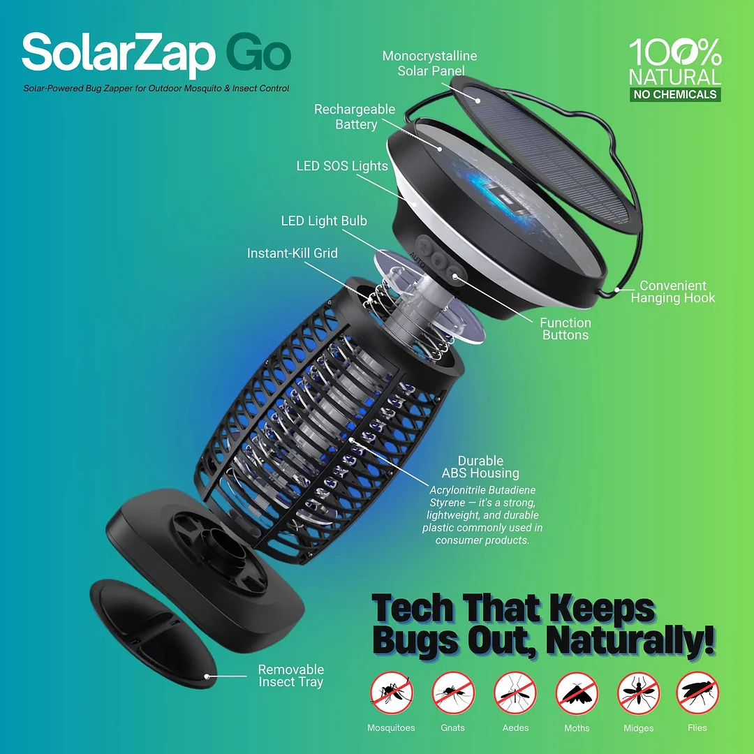 SolarZap Go - Portable Solar-Powered Bug Zapper for Outdoor Mosquito & Insect Control
