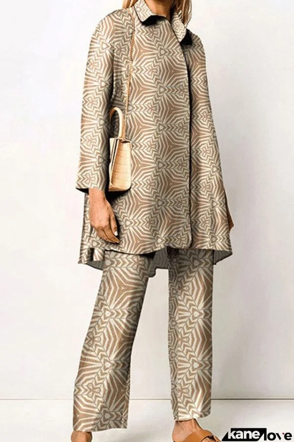 Geometric Print Lapel Long Sleeved Top and Pants Two Piece Set