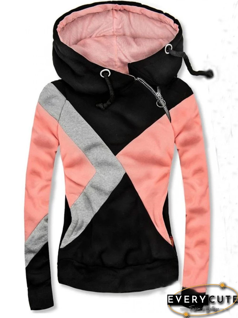 Pink Long Sleeve Cotton-Blend Patchwork Color-Block Sweatshirts