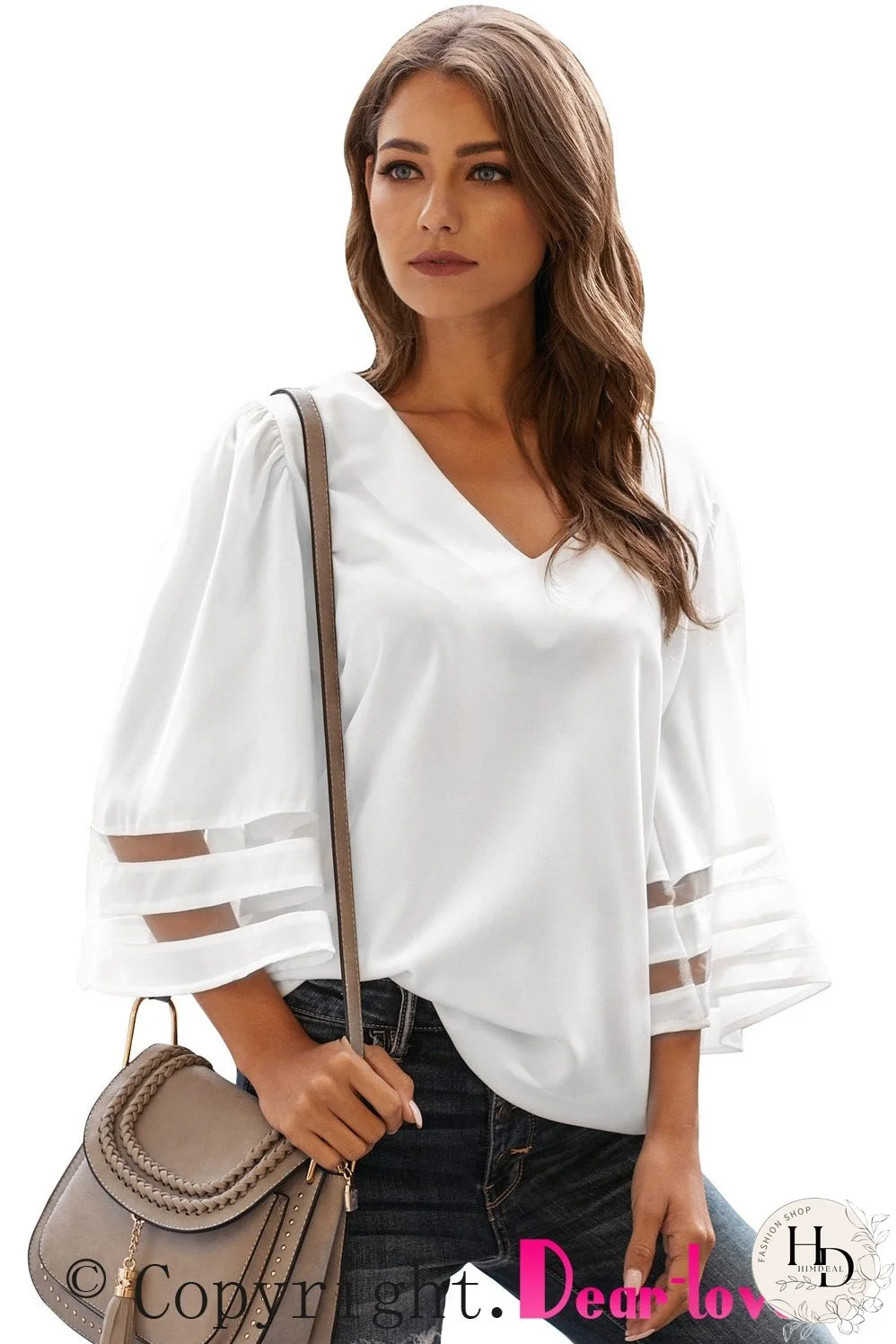 White Flare Sleeve V Neck Sheer Insert Blouse