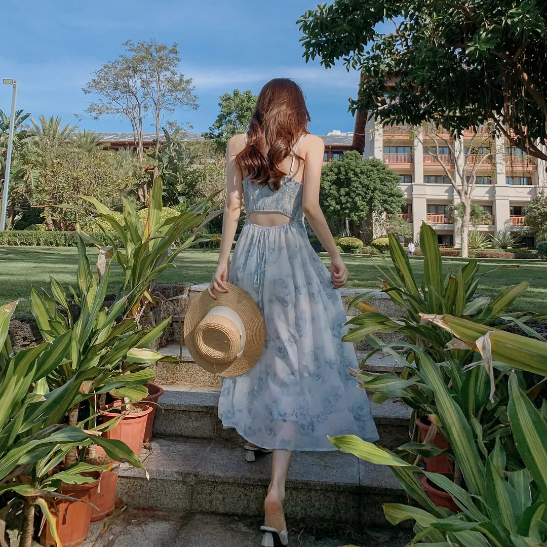 Churchf Churchf Temperament Sexy Dew Back Broken Flower Condole Belt Skirt Female 2024 Summer New Style Dozen Pull Collect Waist Thin Money Chiffon Dress