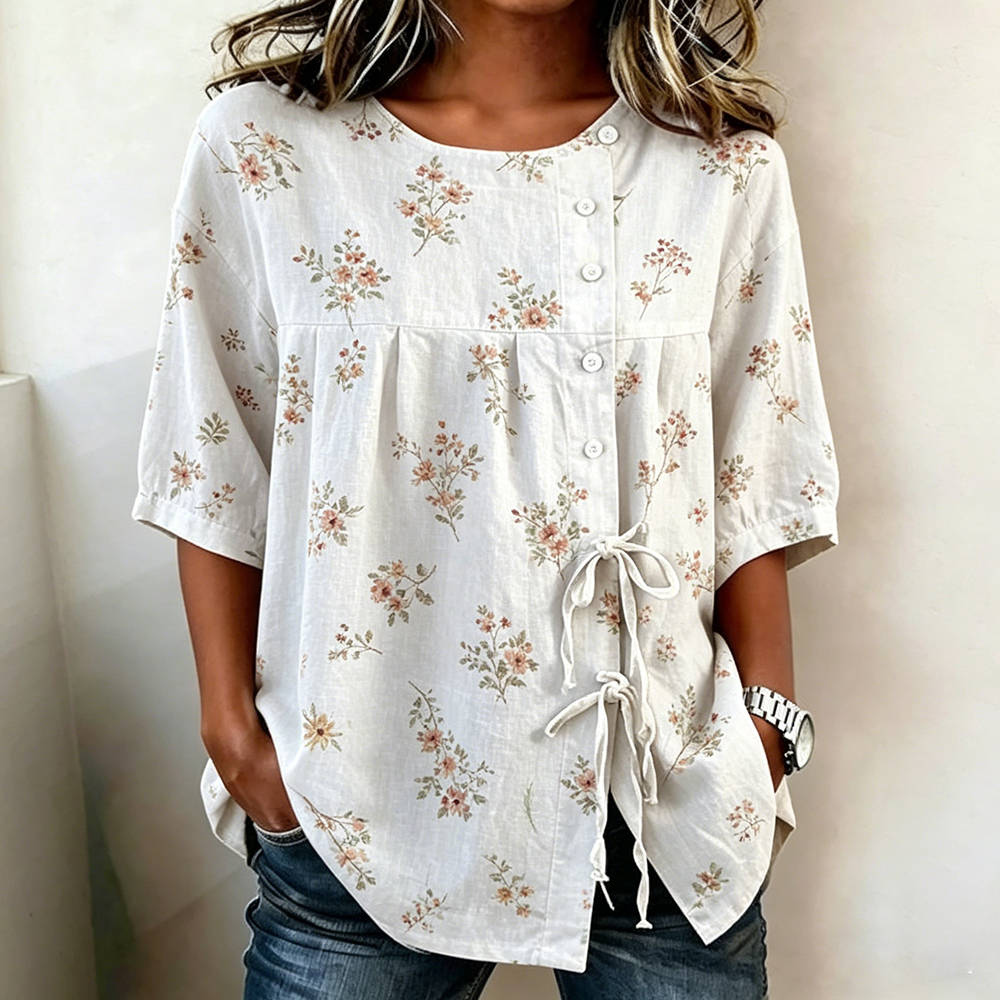 Comstylish Women's Fresh Floral Art Linen Blend Round Neck Top