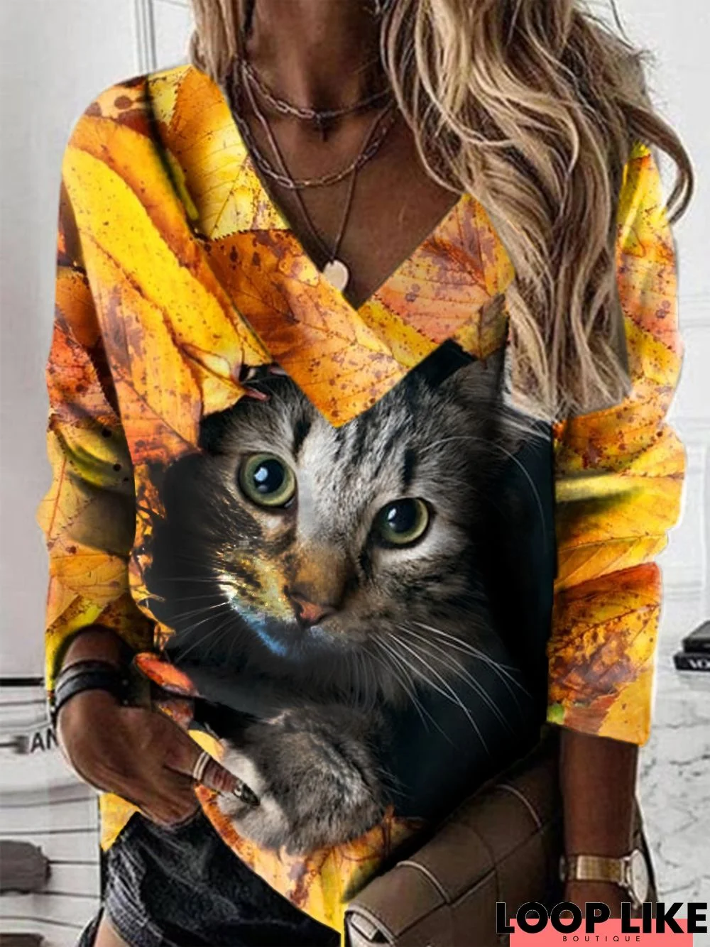 V Neck Casual Cat Jersey Sweatshirt