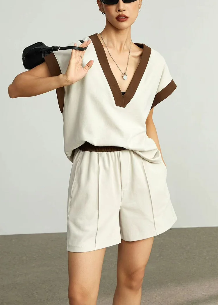 Women Coffee V Neck Elastic Waist Cotton Two Pieces Set Summer