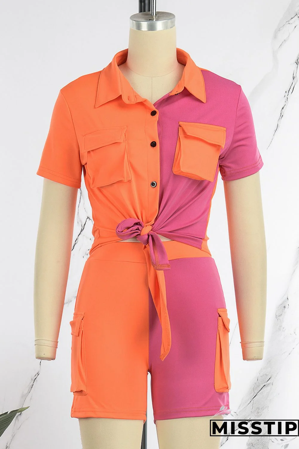 Blue Casual Patchwork Contrast Shirt Collar Short Sleeve Two Pieces