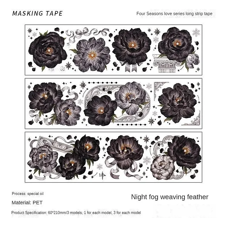Journalsay 3 Sheets Four Seasons Love Series Vintage Flower Strip PET Tape