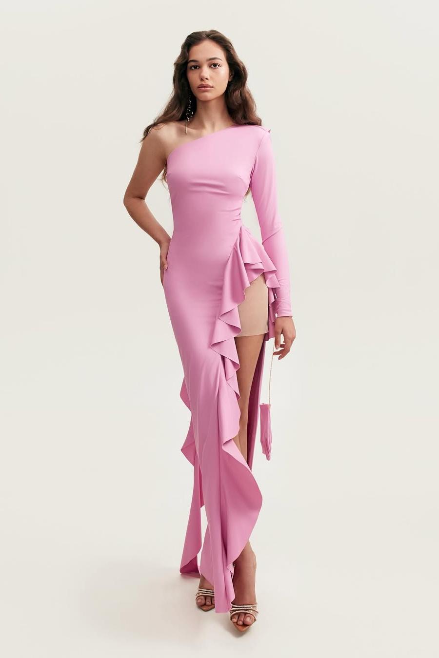 Lvs&Broner One Shoulder Long Sleeves High Split Long Prom Dress With Ruffles