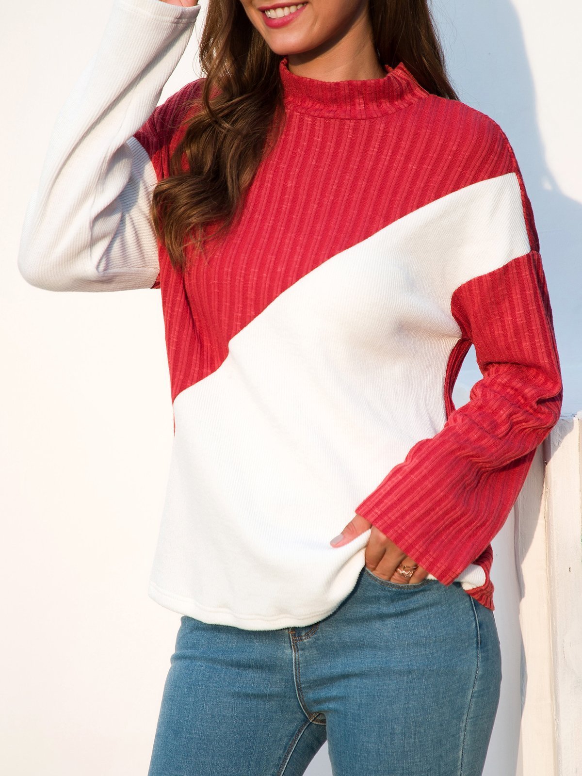 Color-Block Paneled Long Sleeve Stand Collar Shift Sweaters